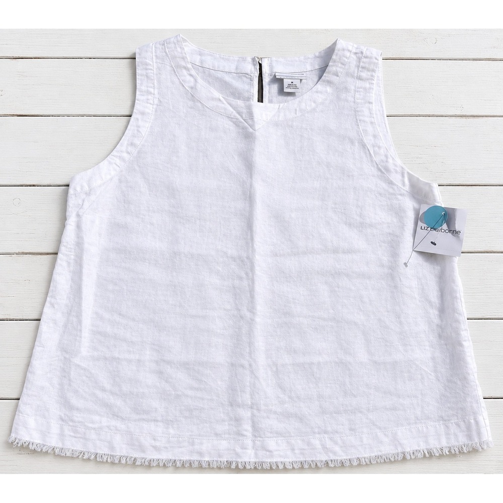 Liz Claiborne White Linen Blend Sleeveless Fringed Hem Coastal Tank Top Med NWT